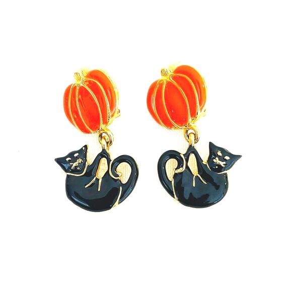 Vtg Halloween Pumpkin Black Cat Dangle Clip-on Earrings Enamel - Picture 1 of 10